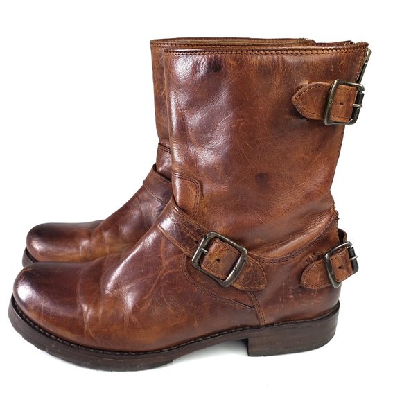 Frye Veronica Back Zip Buckle Boots 7.5 Cognac Brown Leather 76603 Mid Calf - Picture 1 of 12